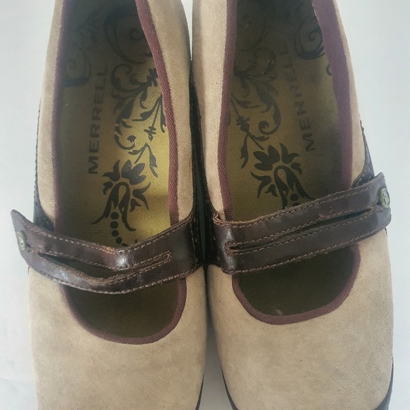 Merrell Plaza Bandeau Mary Jane Sz 9 Women Brown Wedge Taupe Suede Leather - Picture 10 of 14